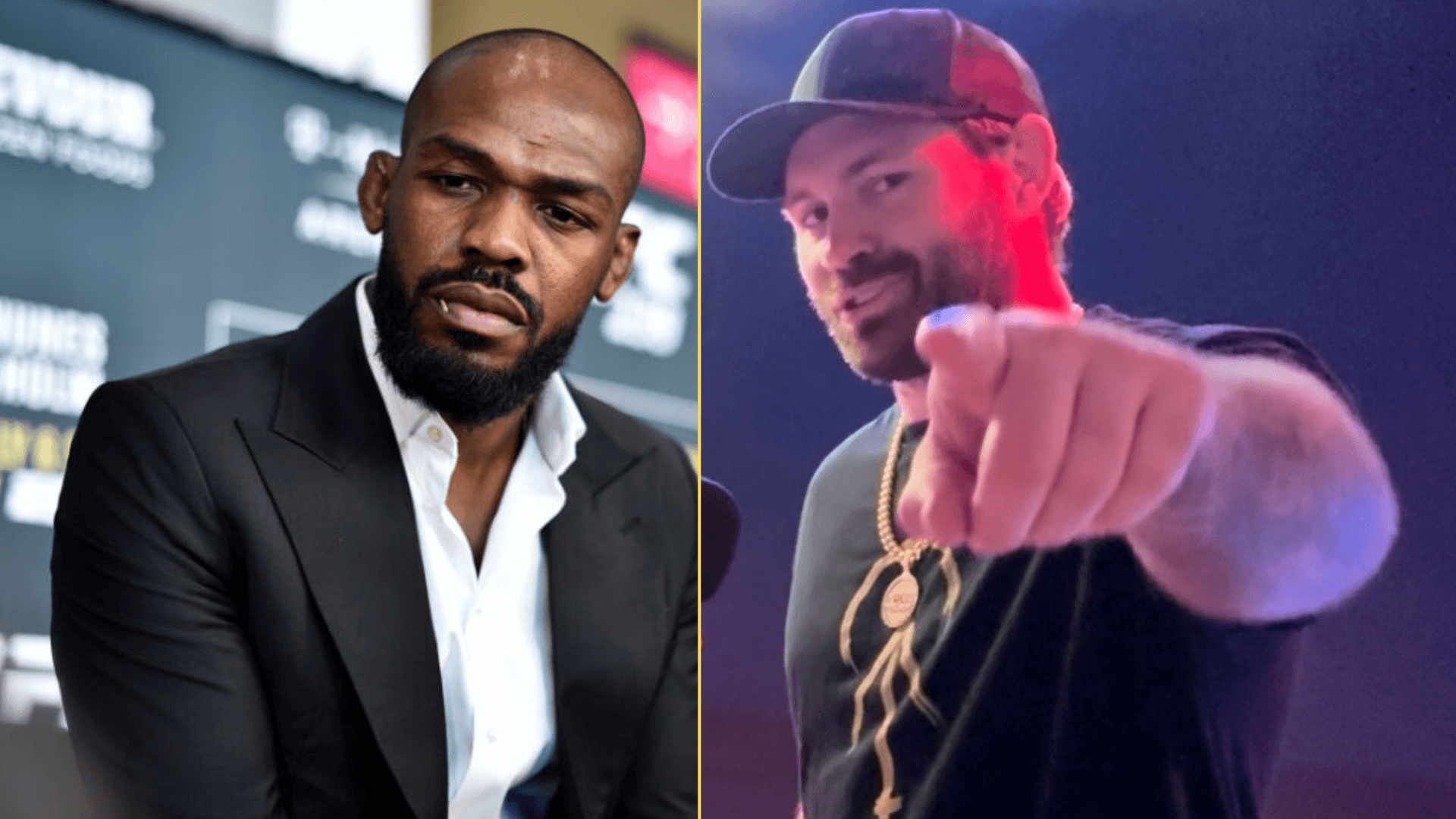 Split image of Jon Jones at a UFC media day and Gordon Ryan being interviewed
