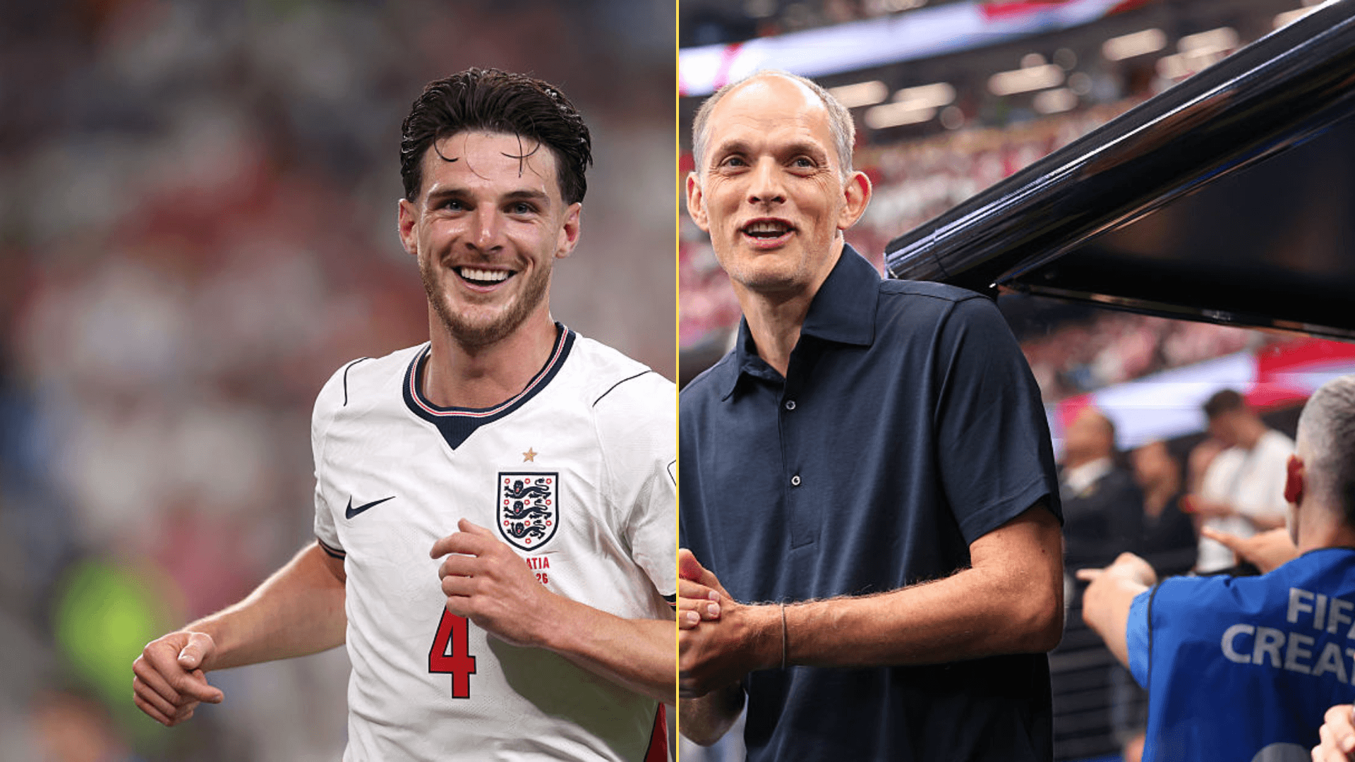 Split image of Declan Rice playing for England and Thomas Tuchel managing England