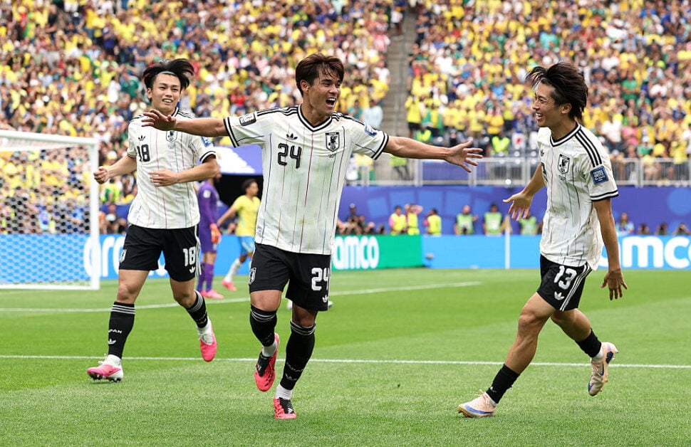 Kaishu Sano scoring for Japan against Brazil at FIFA World Cup 2026
