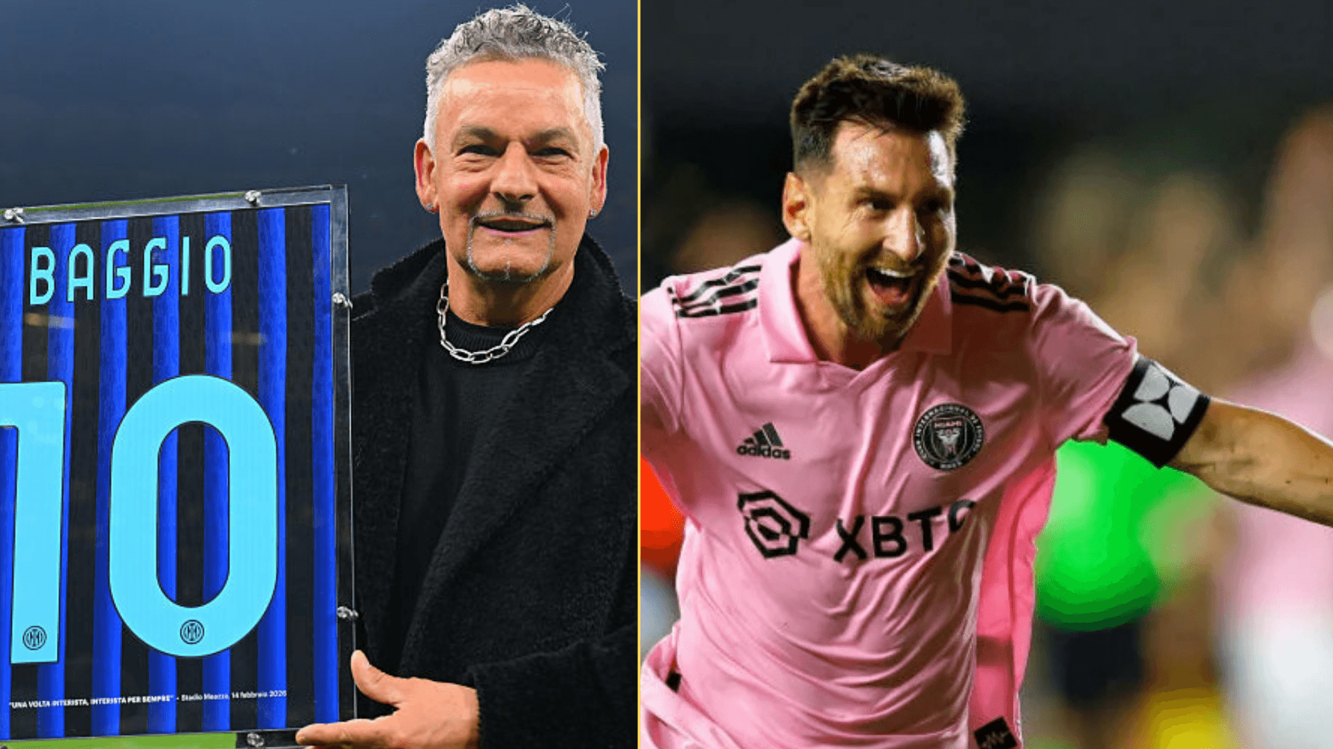 Split image of Roberto Baggio with an Inter Milan jersey and Lionel Messi playing for Inter Miami