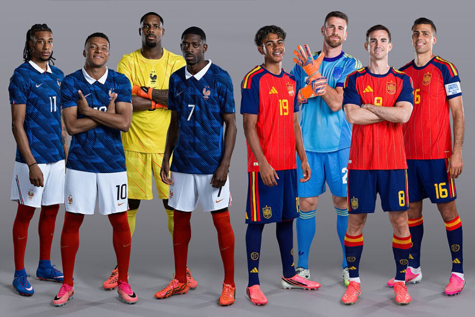 Michael Olise, Kylian Mbappe, Mike Maignan and Ousmane Dembele of France and Lamine Yamal, Unai Simon, Fabian Ruiz and Rodri of Spain