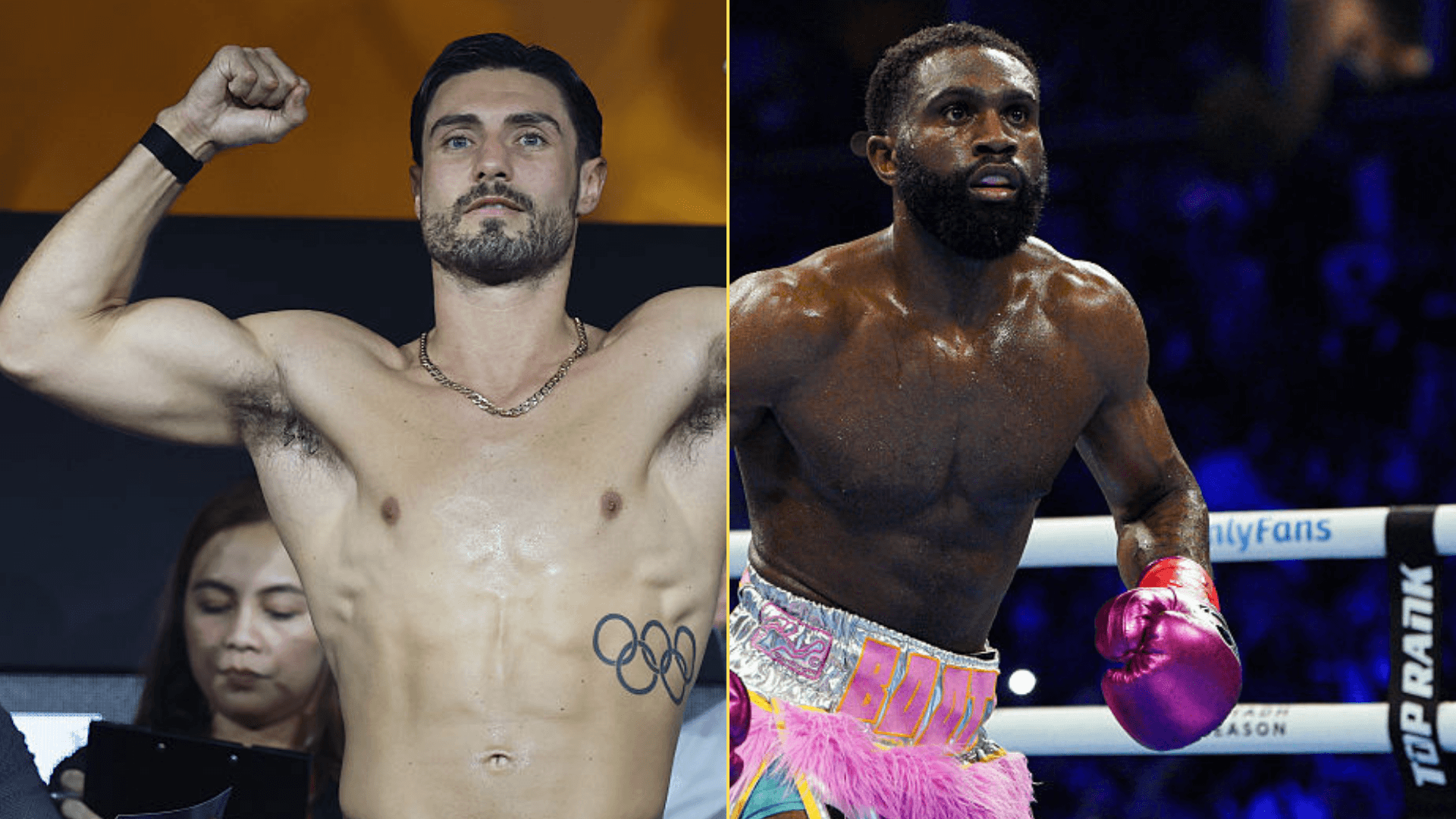 Split image of Josh Kelly weighing-in and Jaron Ennis boxing