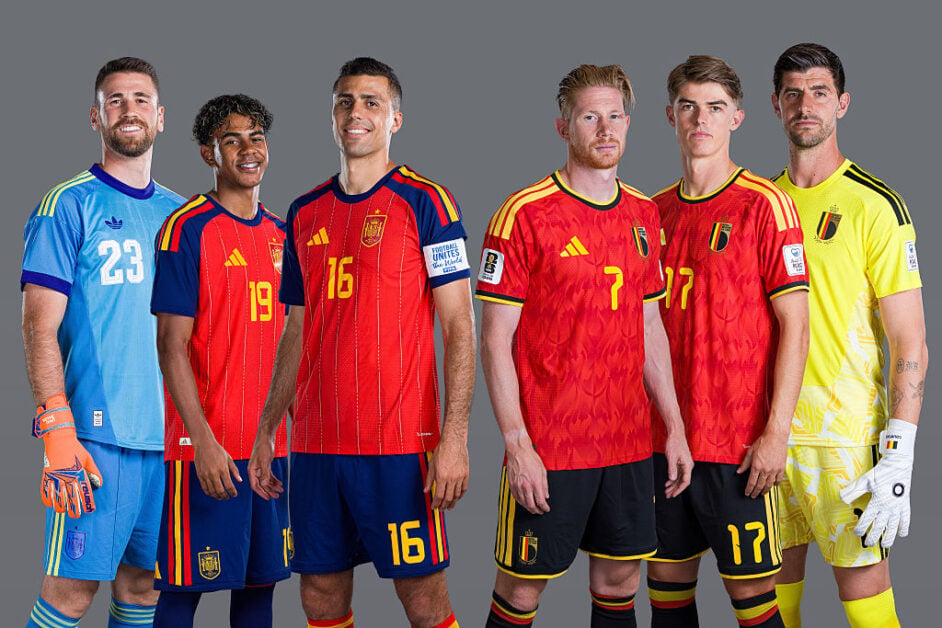 Unai Simon, Lamine Yamal and Rodri of Spain and Kevin De Bruyne, Charles De Ketelaere and Thibaut Courtois of Belgium ahead of the FIFA World Cup 2026 Round 16 match between Spain and Belgium