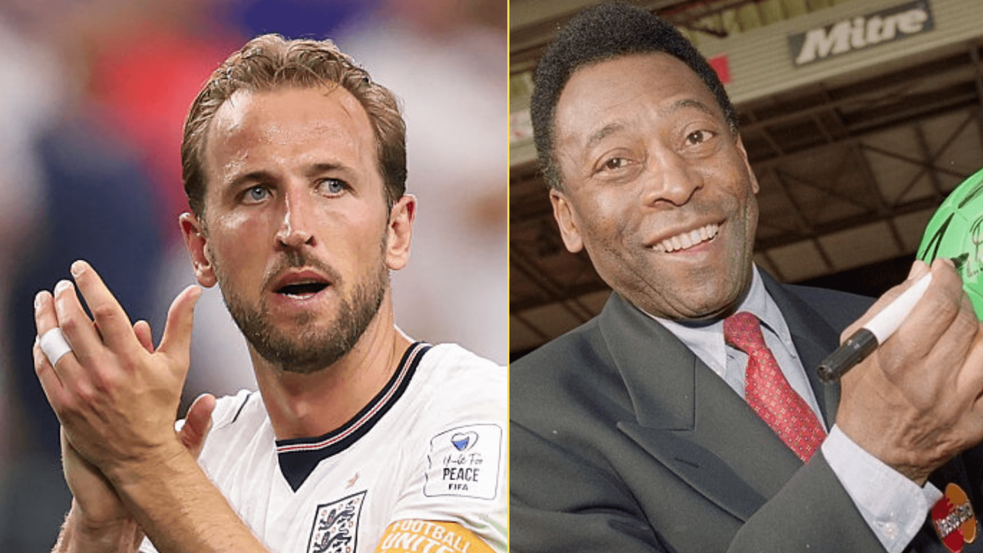 Split image of Harry Kane playing at the FIFA World Cup 2026 and Pele with a football