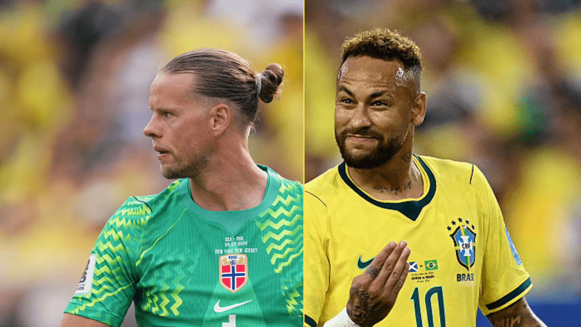 Split image of Ørjan Nyland playing for Norway and Neymar playing for Brazil