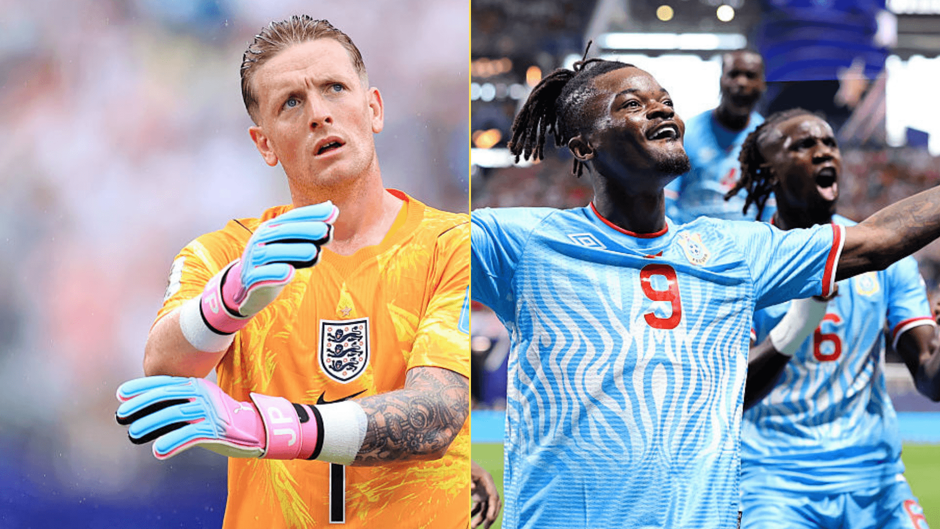 Split image of Jordan Pickford and Brian Cipenga playing at the FIFA World Cup 2026