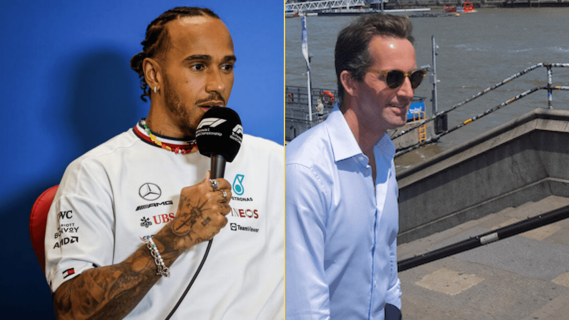 Split image of Lewis Hamilton talking into a mic and Sir Ben Ainslie walking in London