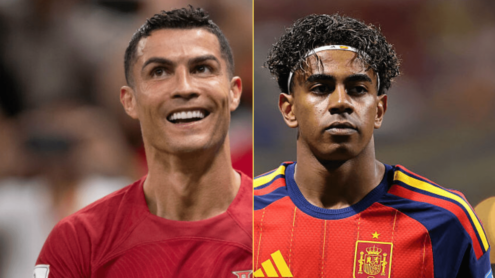 Split image of Cristiano Ronaldo playing for Portugal and Lamine Yamal representing Spain