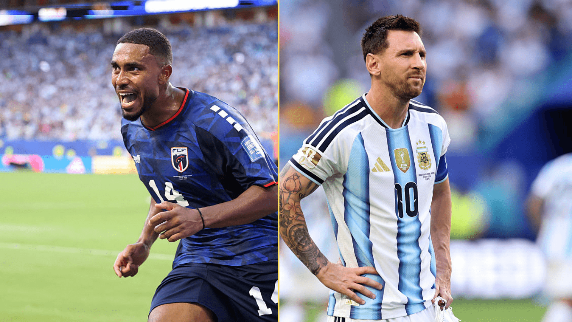 Split image of Deroy Duarte celebrating and Lionel Messi in his Argentina kit