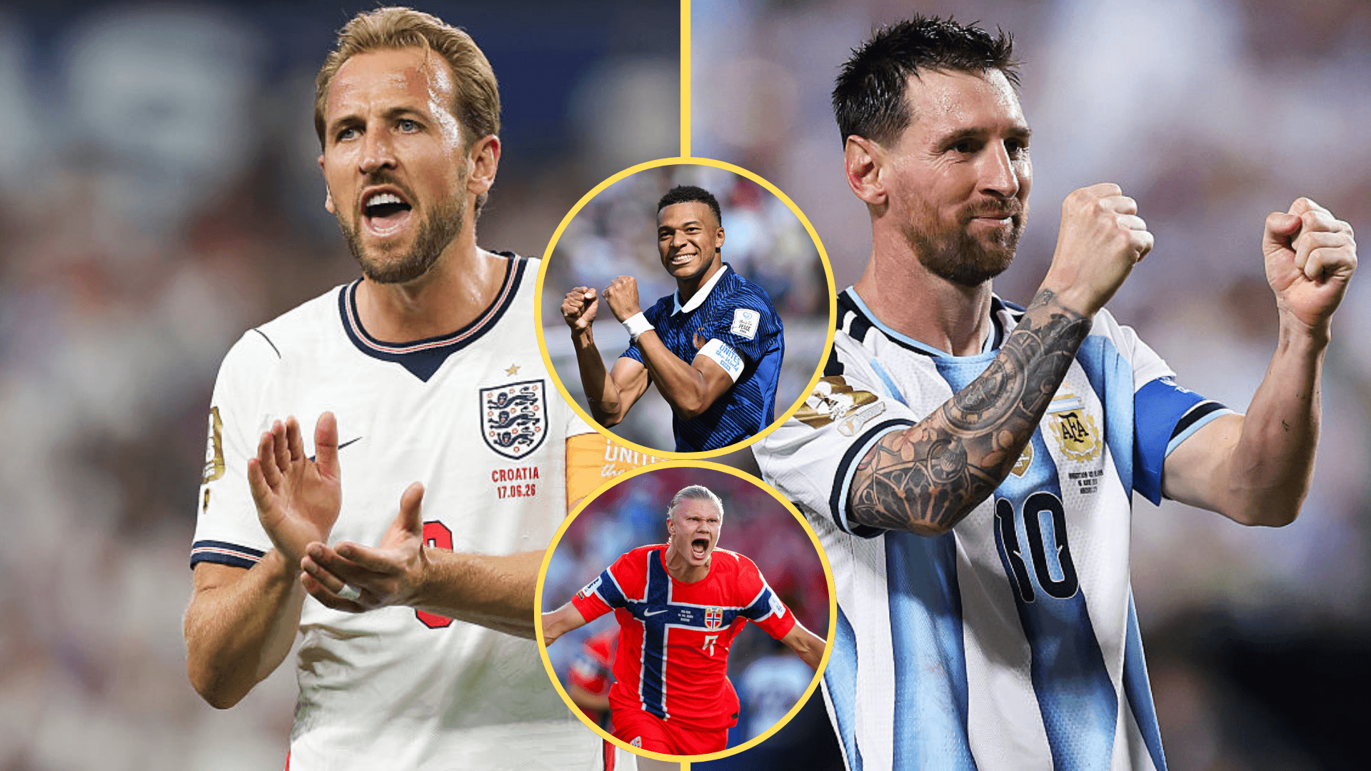 Split image of Harry Kane playing for England and Lionel Messi playing for Argentina with insets of Kylian Mbappe and Lionel Messi