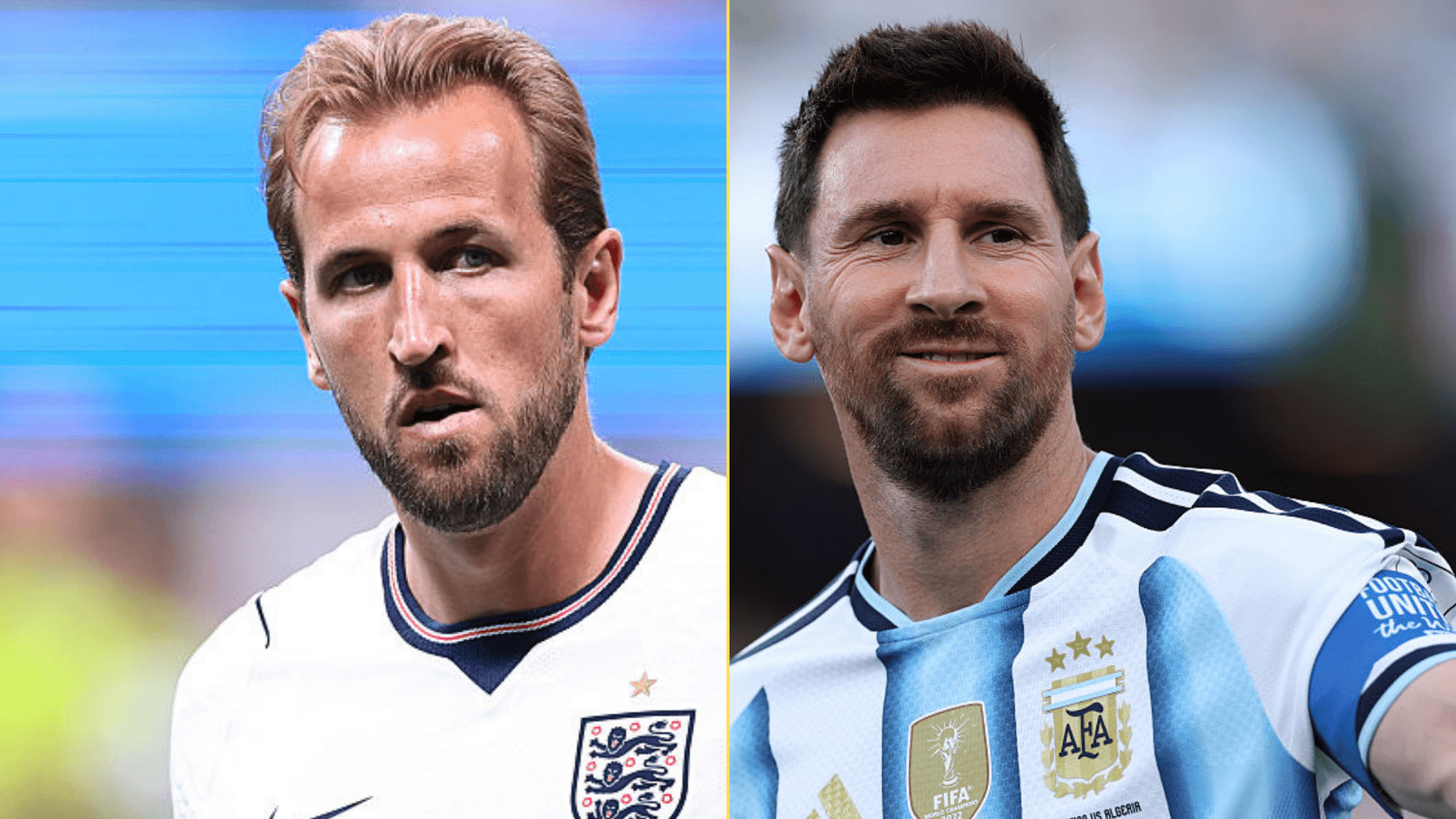 Split image of Harry Kane playing for England and Lionel Messi playing for Argentina