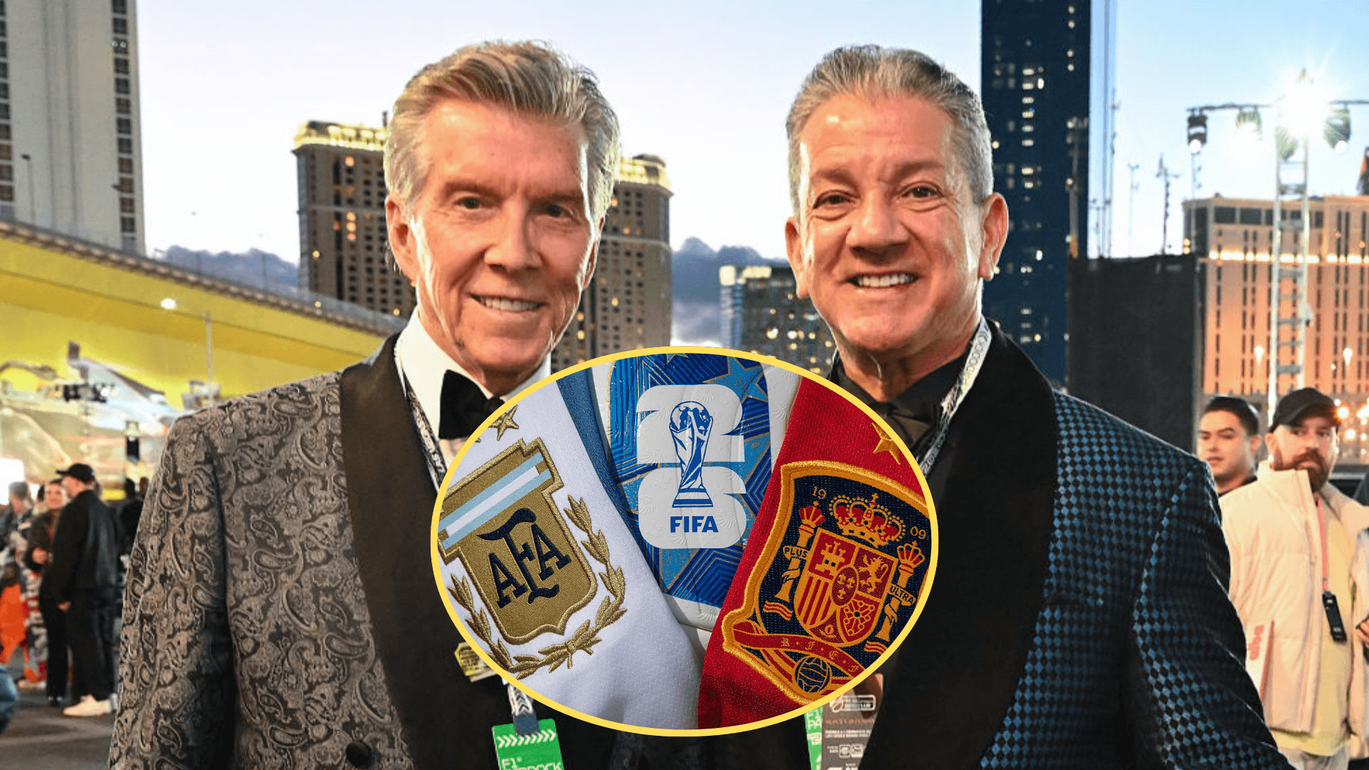 Michael Buffer and Bruce Buffer in the paddock to F1 Las Vegas Grand Prix with an inset of Argentina and Spain's badges with FIFA logo