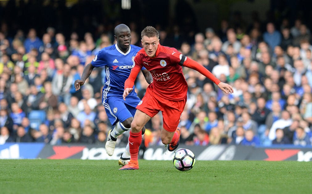 Jamie Vardy and N'Golo Kante playing against each other