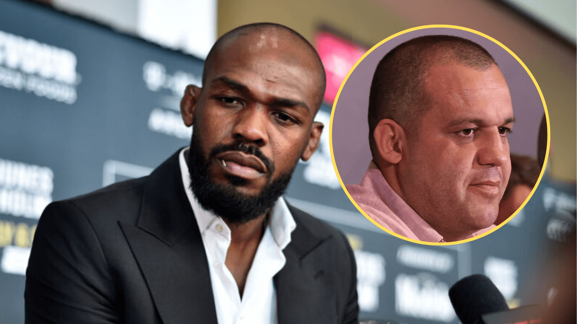 Jon Jones at a UFC media day with an inset of Umar Kremlev
