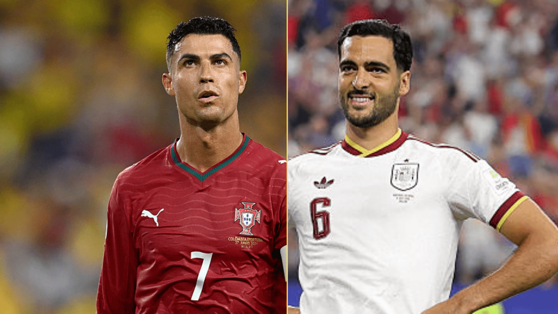Split image of Cristiano Ronaldo playing for Portugal and Mikel Merino playing for Spain