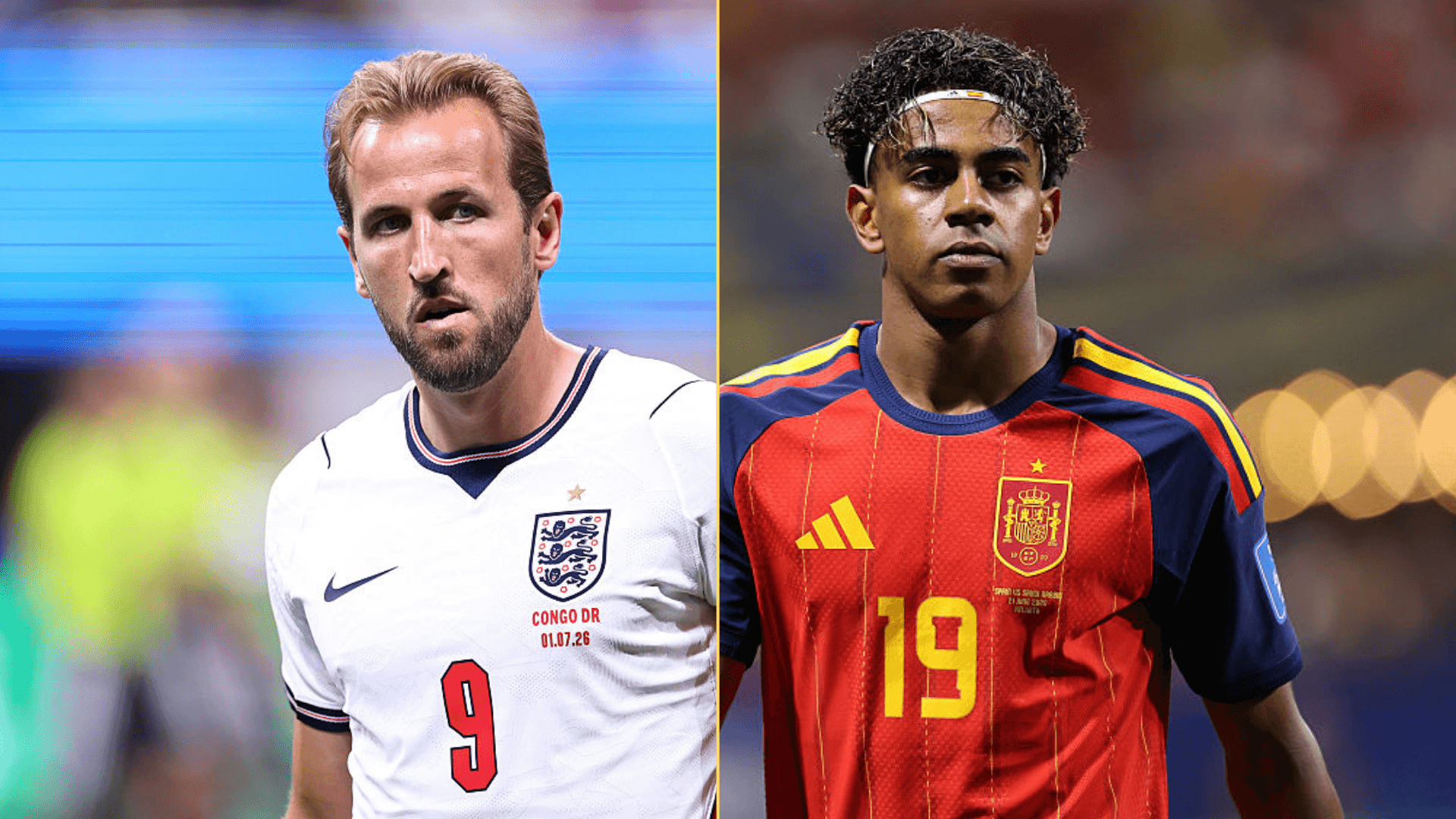 Split image of Harry Kane playing for England and Lamine Yamal playing for Spain