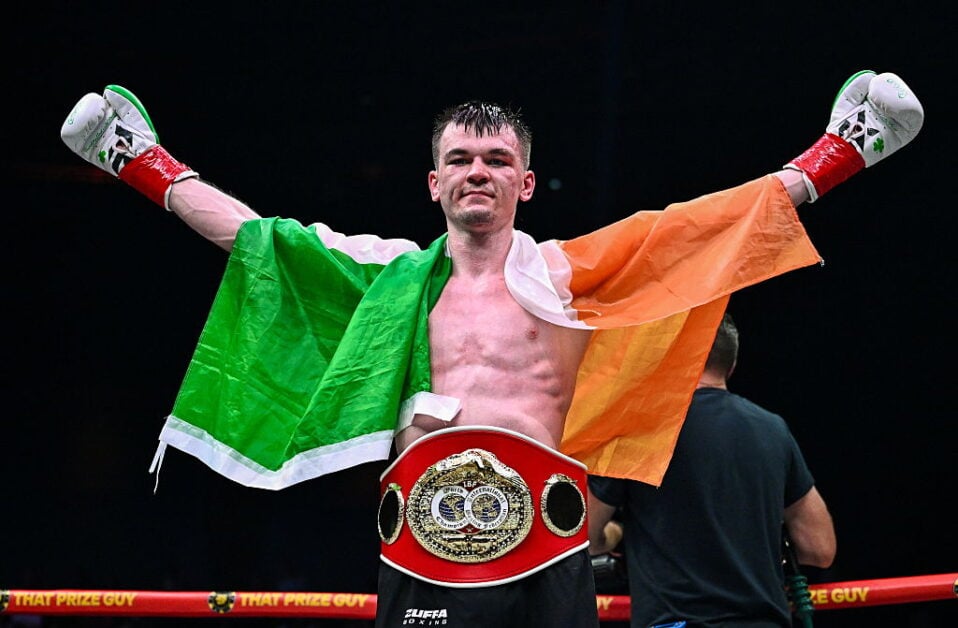 Aaron McKenna celebrating winning the IBF middleweight title