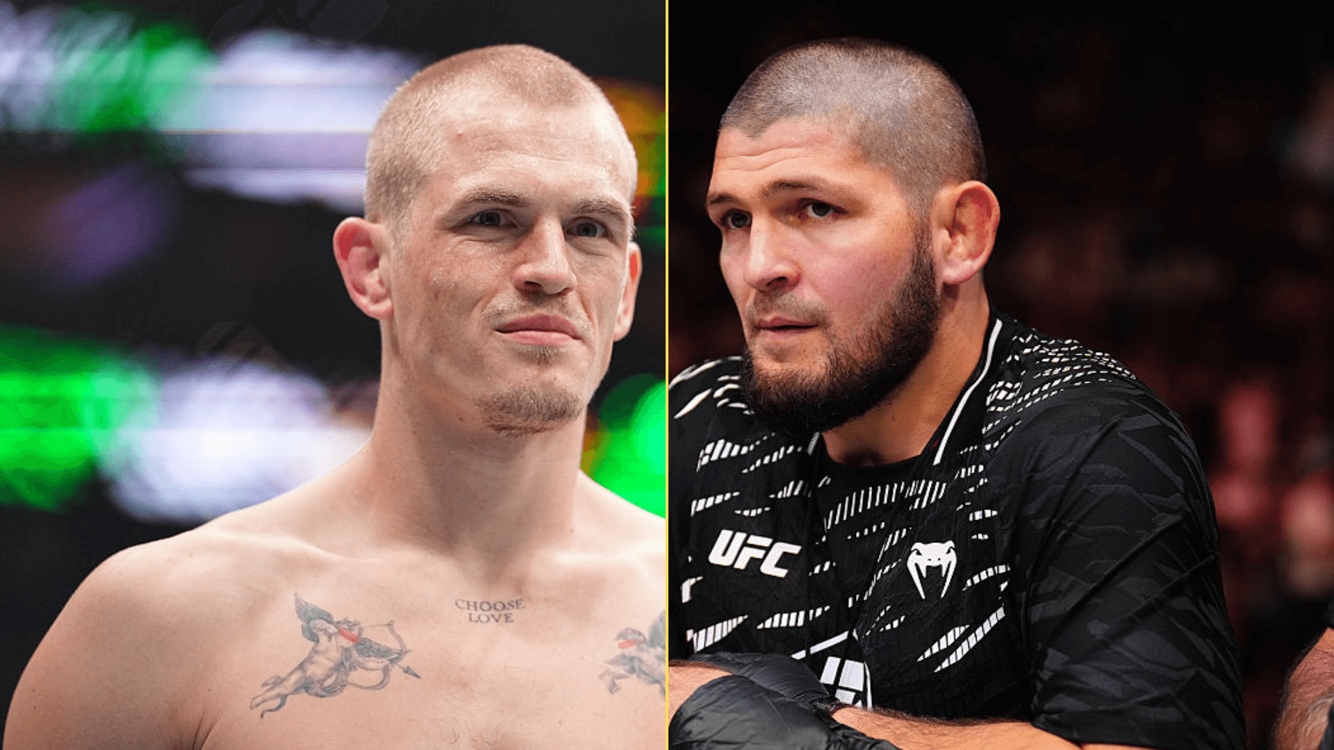 Split image of Ian Machado Garry about to fight and Khabib Nurmagomedov coaching