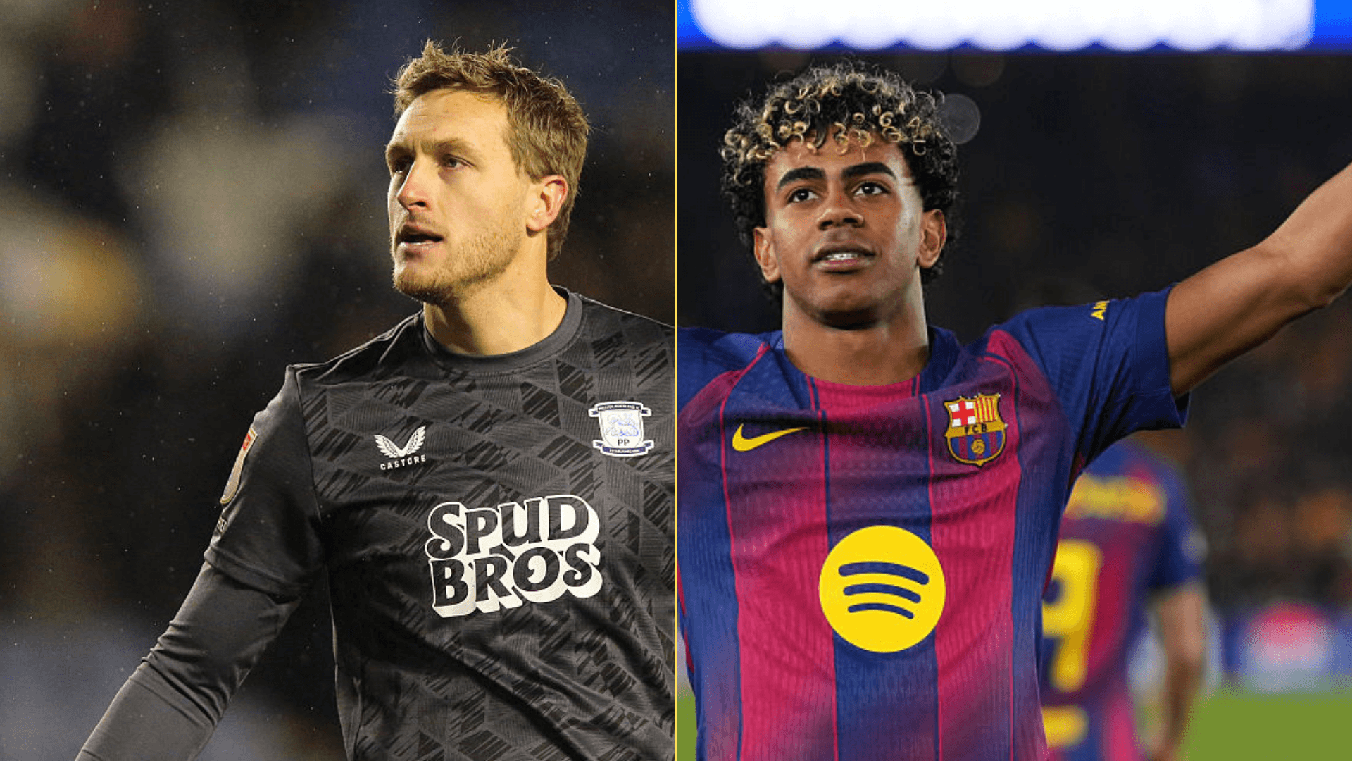 Split image of Daniel Iversen playing for Preston North End and Lamine Yamal playing for Barcelona