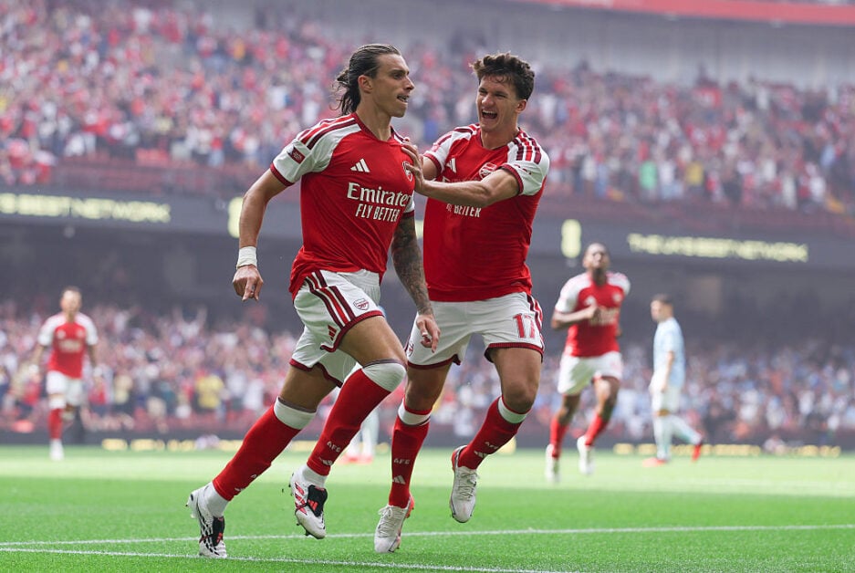 Riccardo Calafiori celebrates scoring for Arsenal against Manchester City in the Community Shield