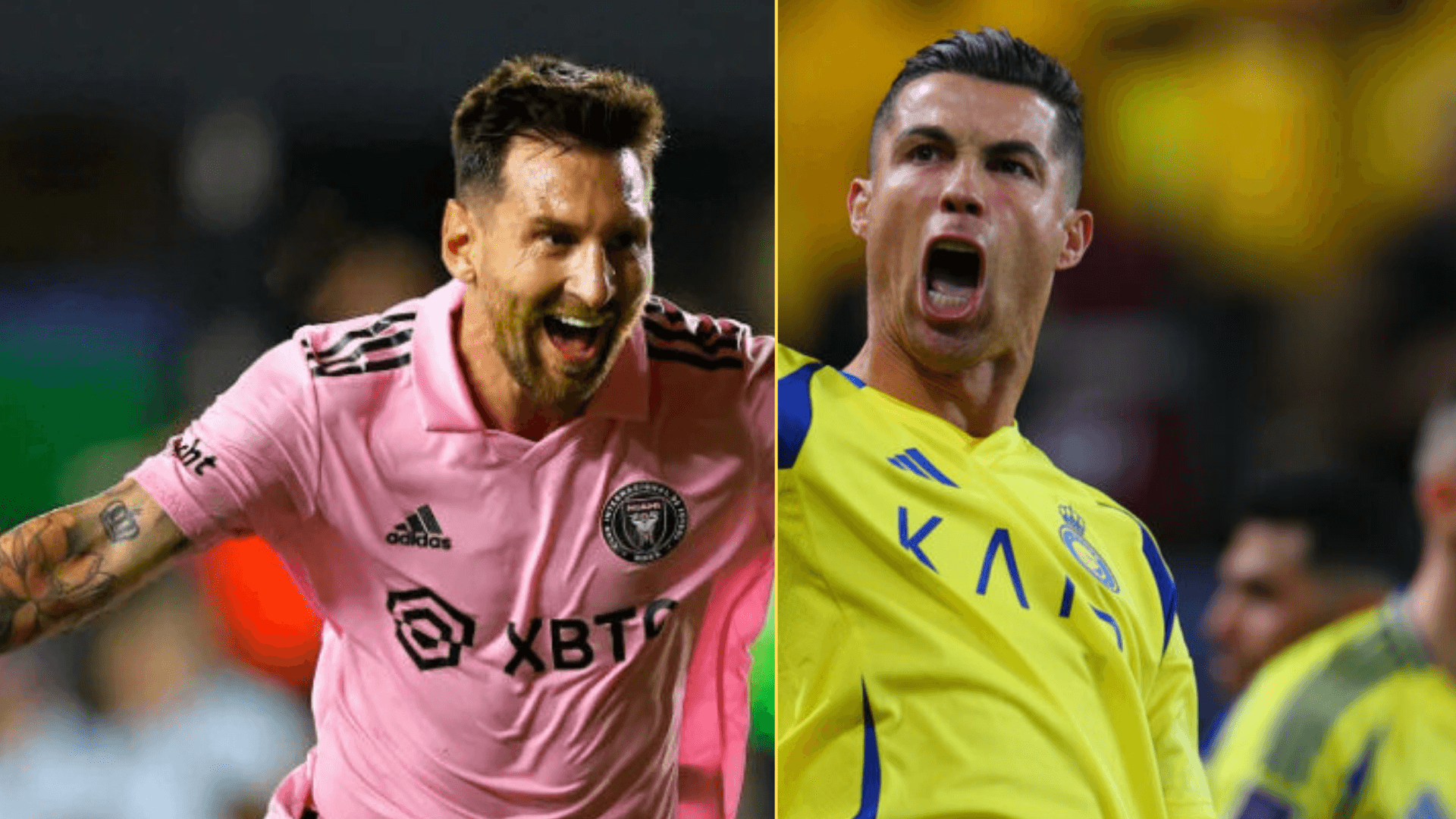 Split image of Lionel Messi and Cristiano Ronaldo celebrating