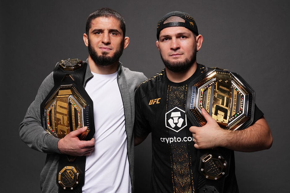 Islam Makhachev and Khabib Nurmagomedov with UFC belts