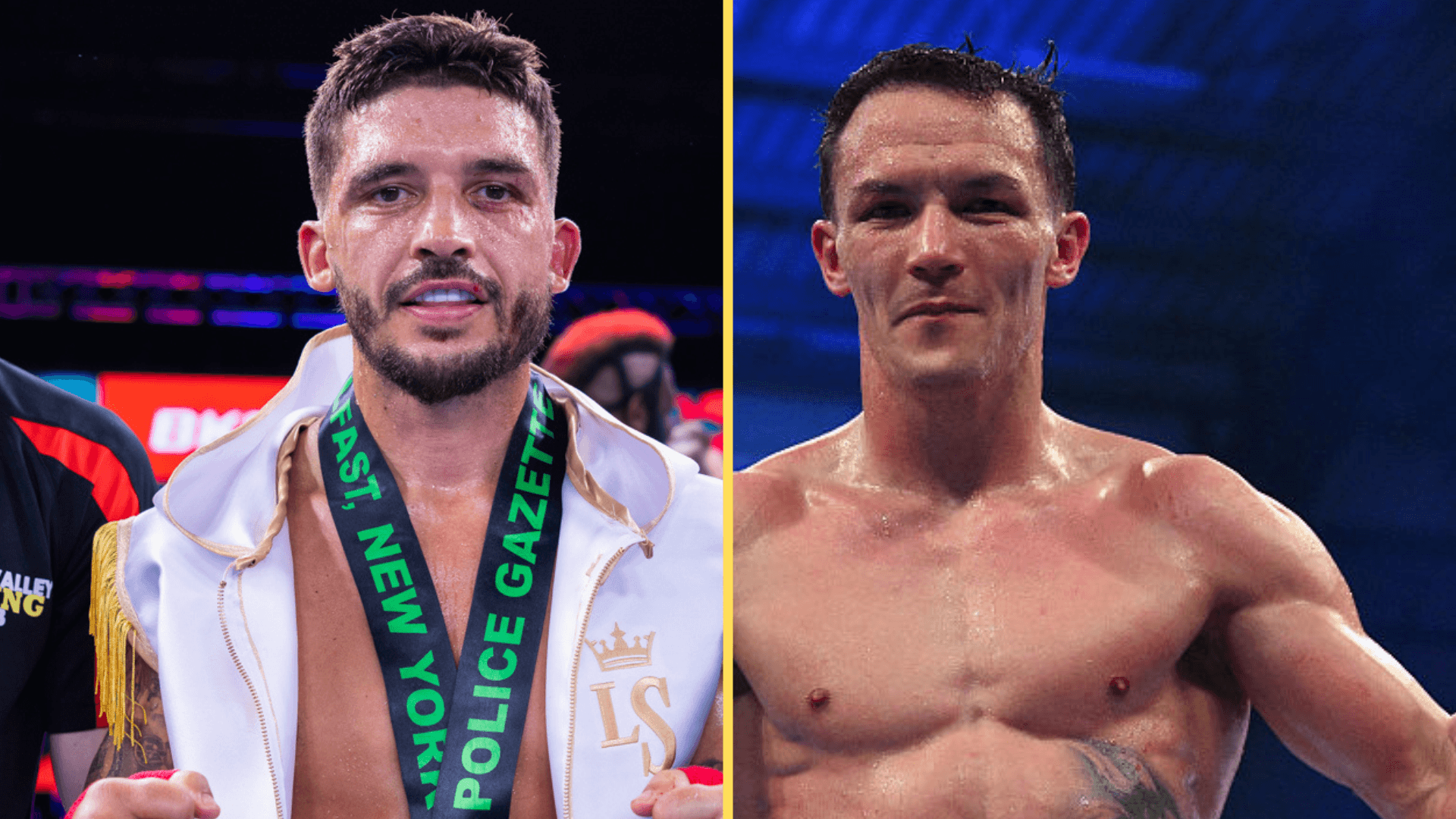 Split image of Lee Selby celebrating BKB 55 victory with an inset of Josh Warrington