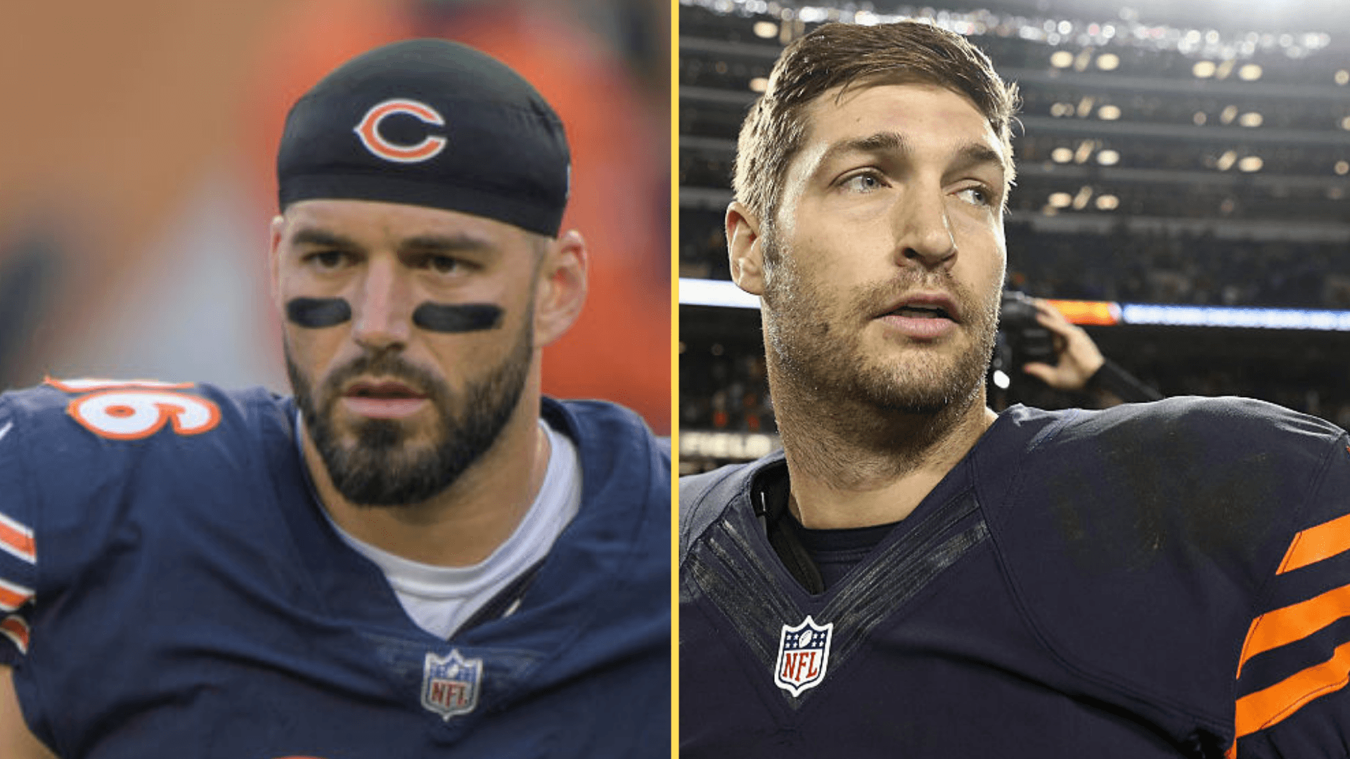 Split image of Zach Miller and Jay Cutler playing for the Chicago Bears