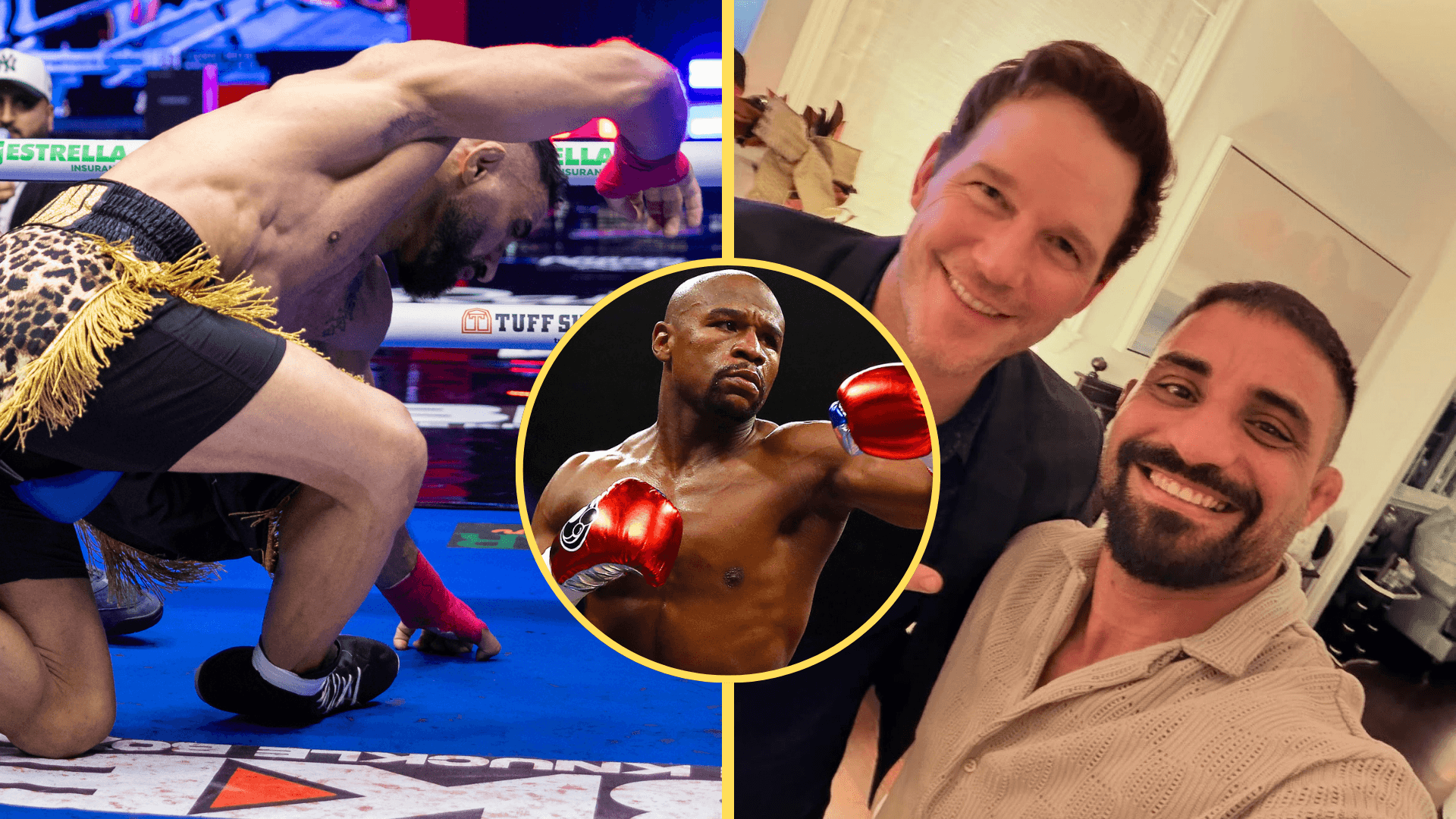 Split image of Adel Altamimi getting dropped at BKB 60 and Adel Altamimi with Chris Pratt with an inset of Floyd Mayweather