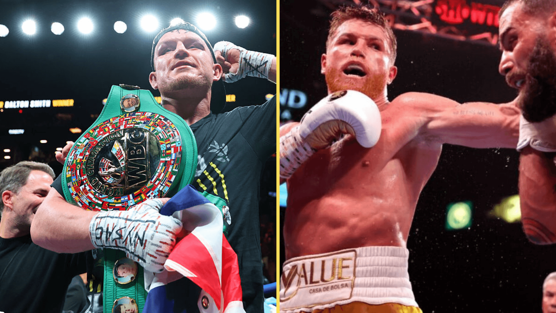 Split image of Dalton Smith with his WBC belt and Canelo Alvarez boxing