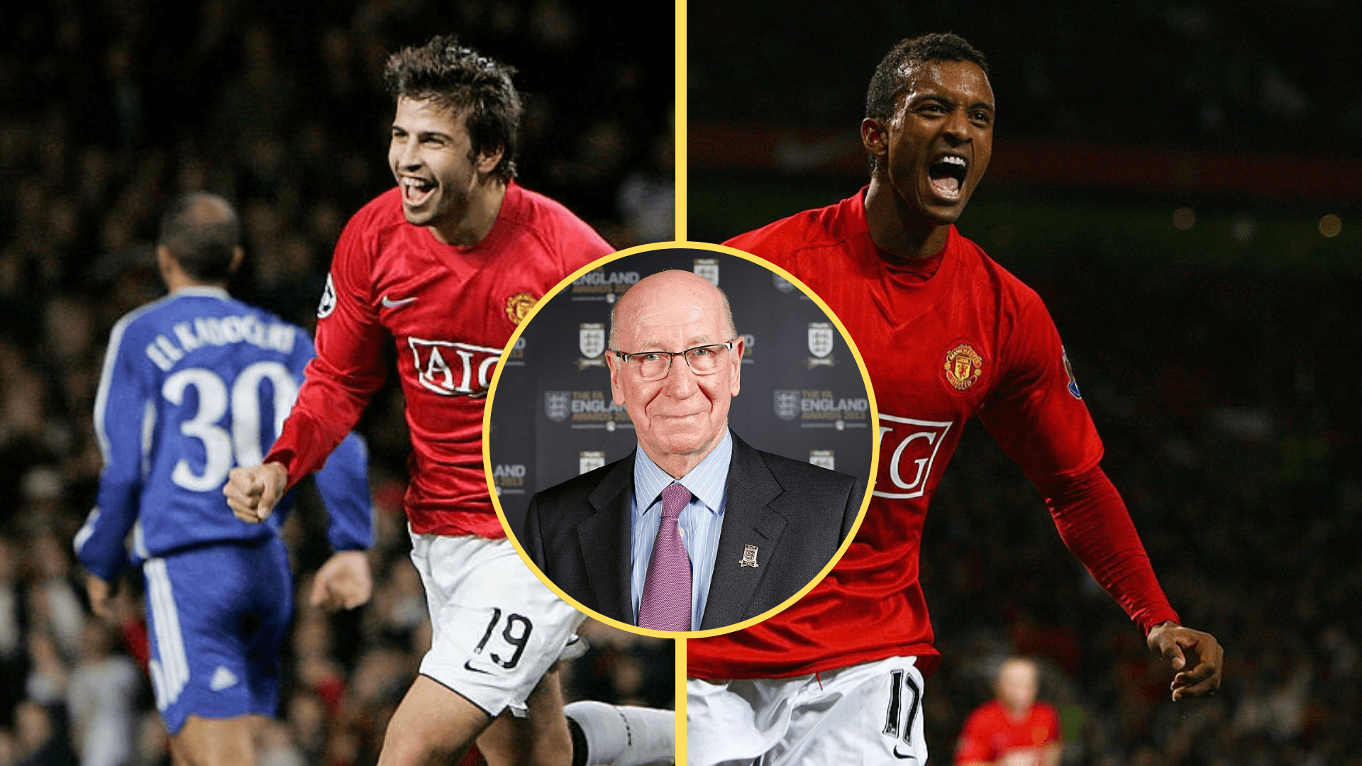 Split image of Gerard Pique and Nani celebrating with an inset of Sir Bobby Charlton