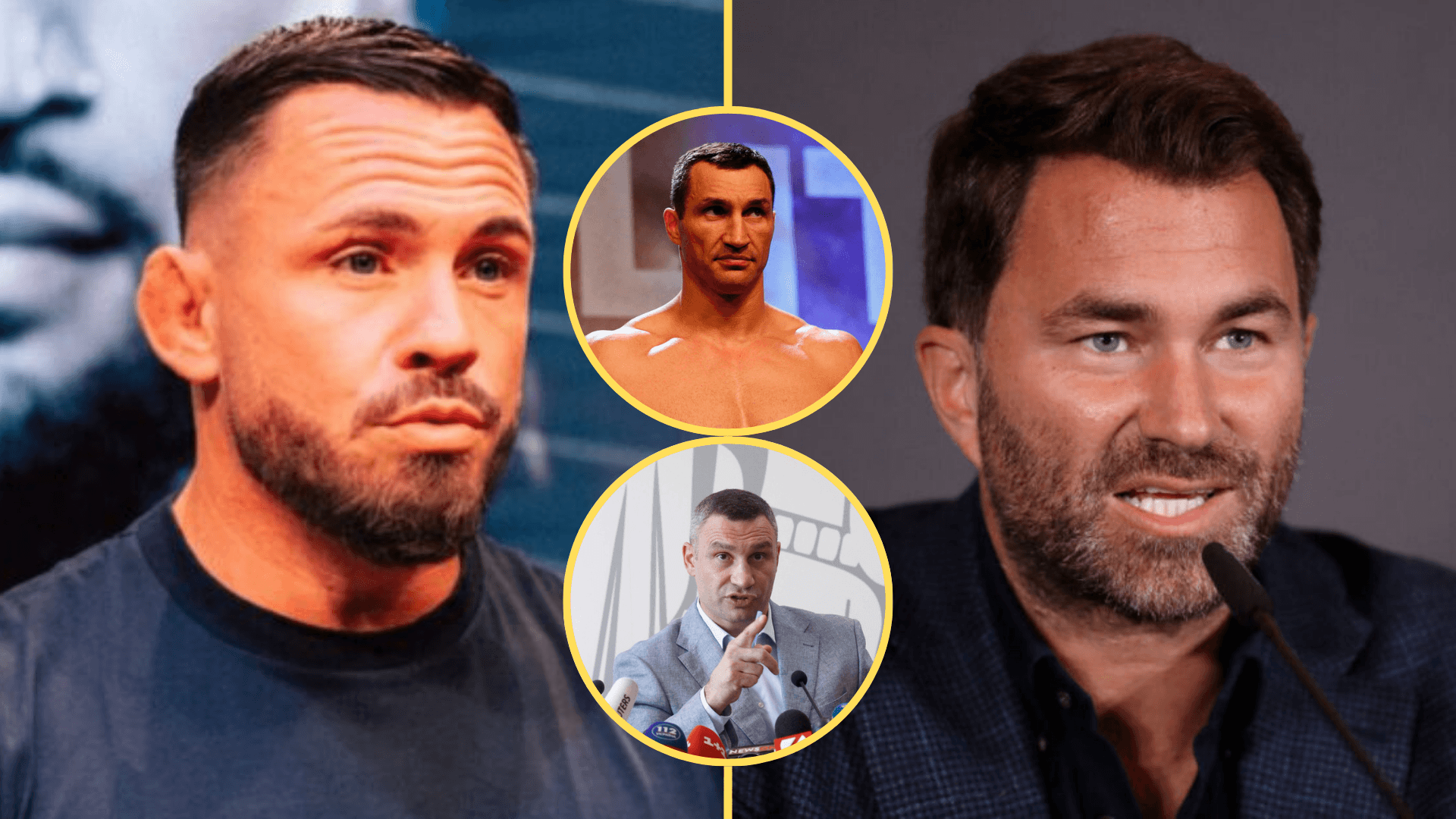 Split image of Florian Winter and Eddie Hearn at press conferences with insets of Wladimir Klitschko and Vitali Klitschko