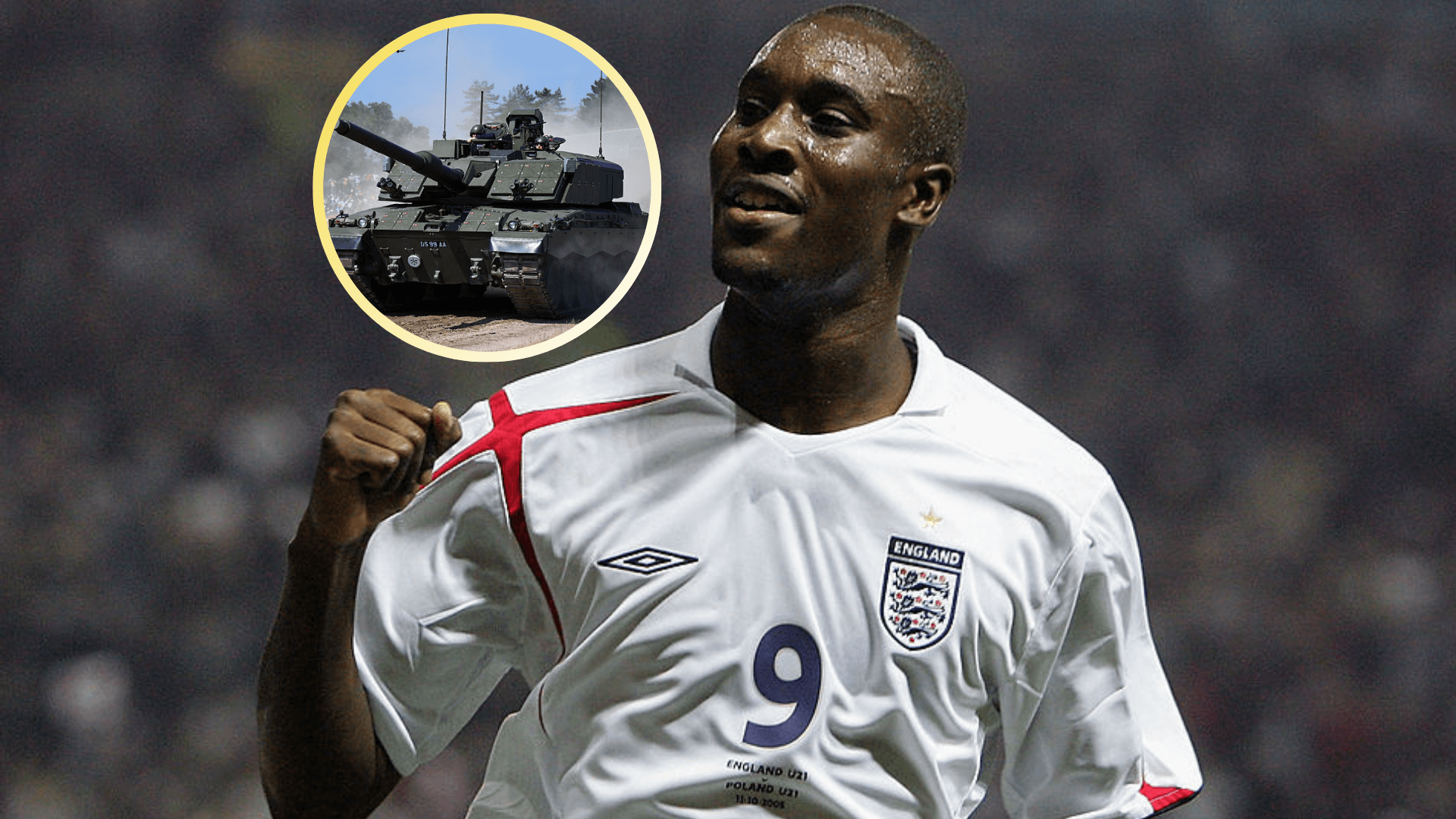 Carlton Cole playing for England U21 with an inset of a tank