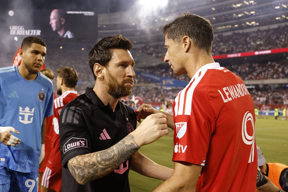 Lionel Messi greets Robert Lewandowski ahead of match between Chicago Fire and Inter Miami
