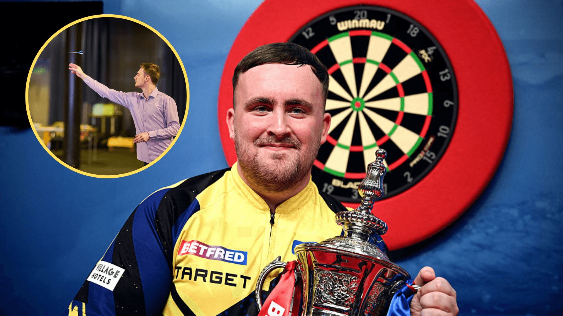 Luke Littler celebrating with an inset of James Sweetnam playing darts