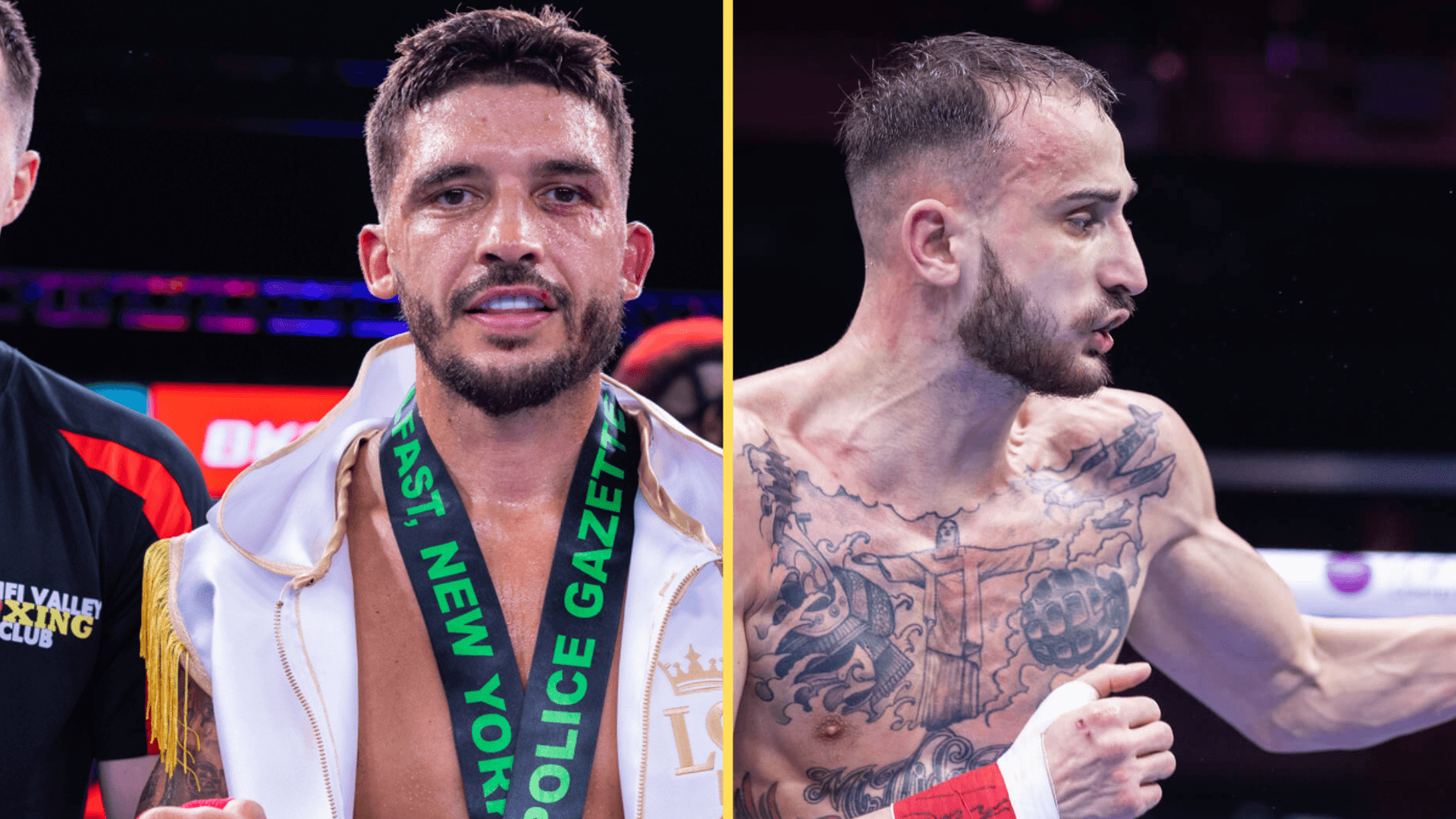 Split image of Lee Selby celebrating and Ollie Sentance fighting at BKB 51